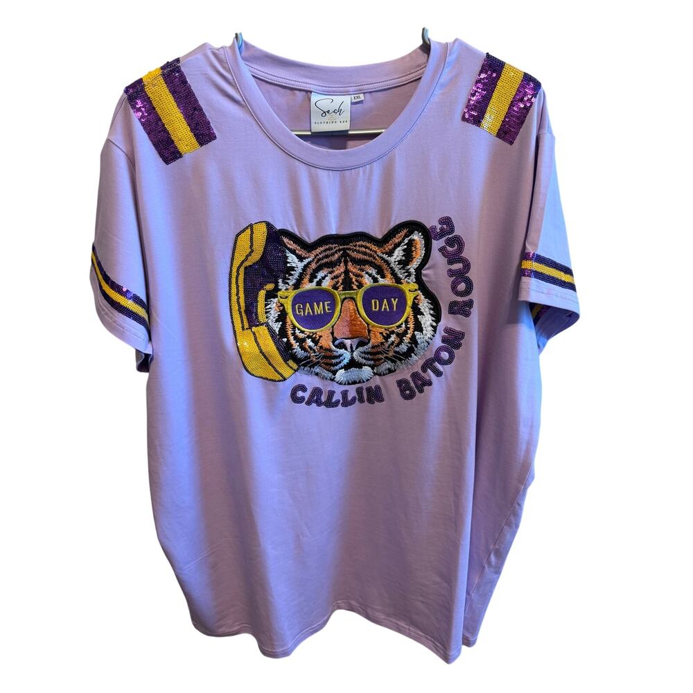 Callin Baton Rouge LSU Tiger Sequin Patch T Shirt Purple Women’s 2X XXL Game Day - Picture 2 of 7